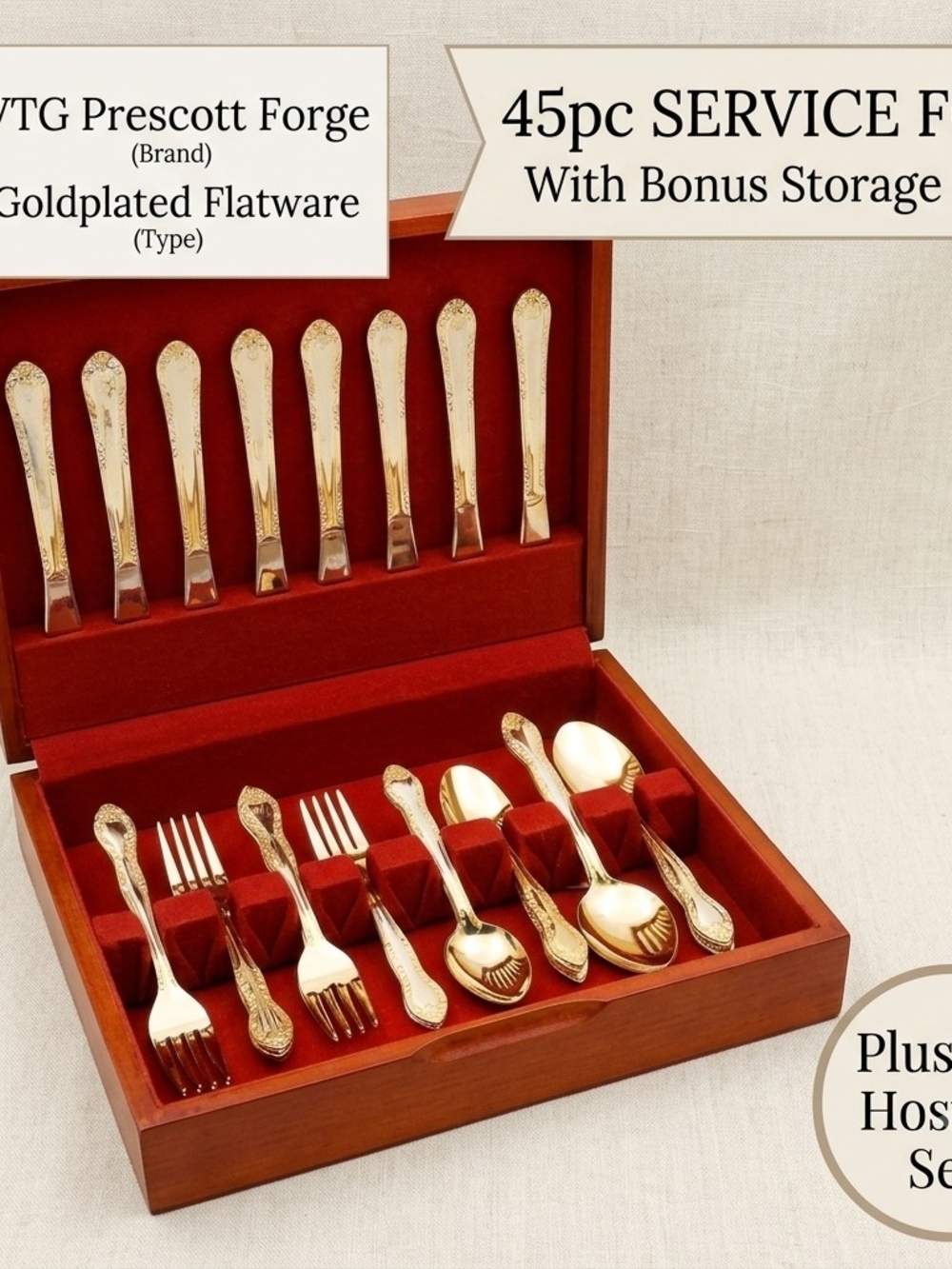 VTG Prescott Forge 45-Piece Gold Flatware Set with Storage Case